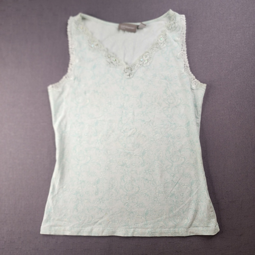 Croft & Barrow Women Mint Green Floral Lace Trim Tank Top Y2K Coquette Small